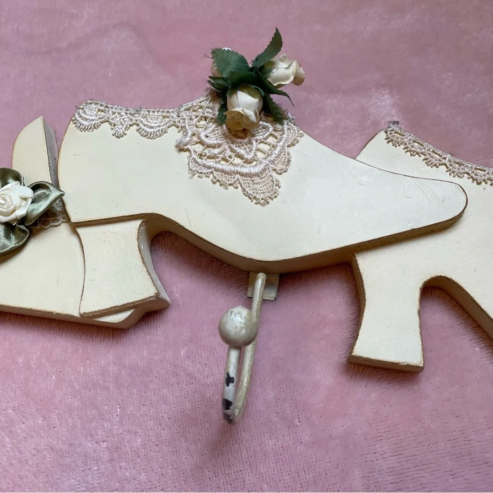 Vintage High Heels Wall Hooks Cream Color with Lace and Silk Roses Distressed